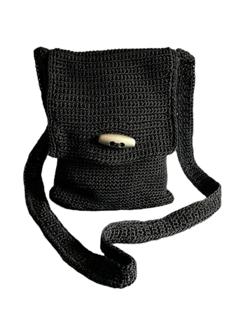 Black Woven Crochet Crossbody Phone Bag Flap Front Zip Closure